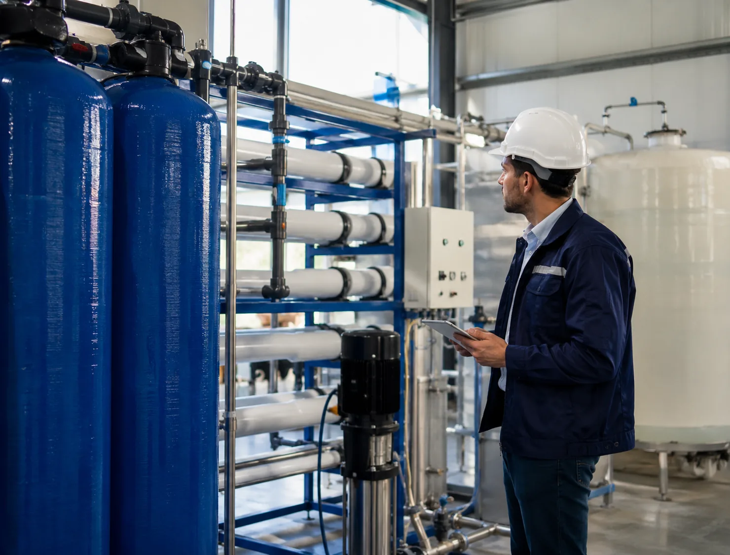 Technician evaluating water filtration components and testing household water quality with specialized tools