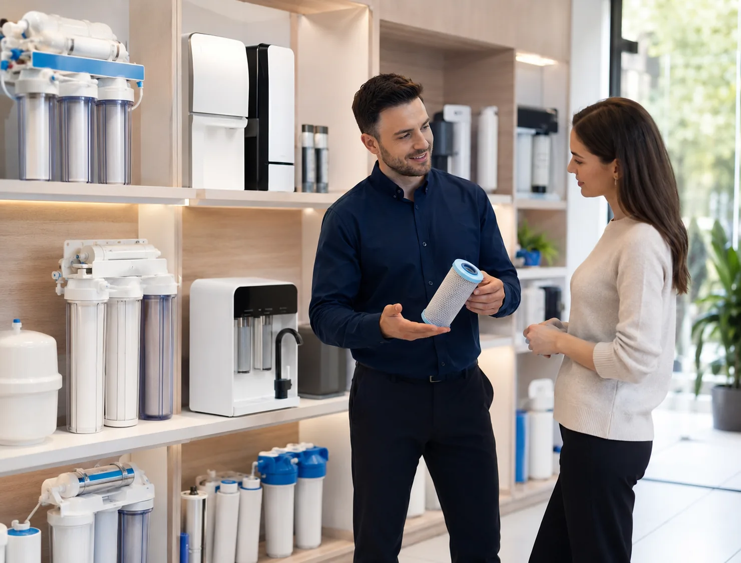 Water filtration specialist evaluating household usage points and replacement needs with care