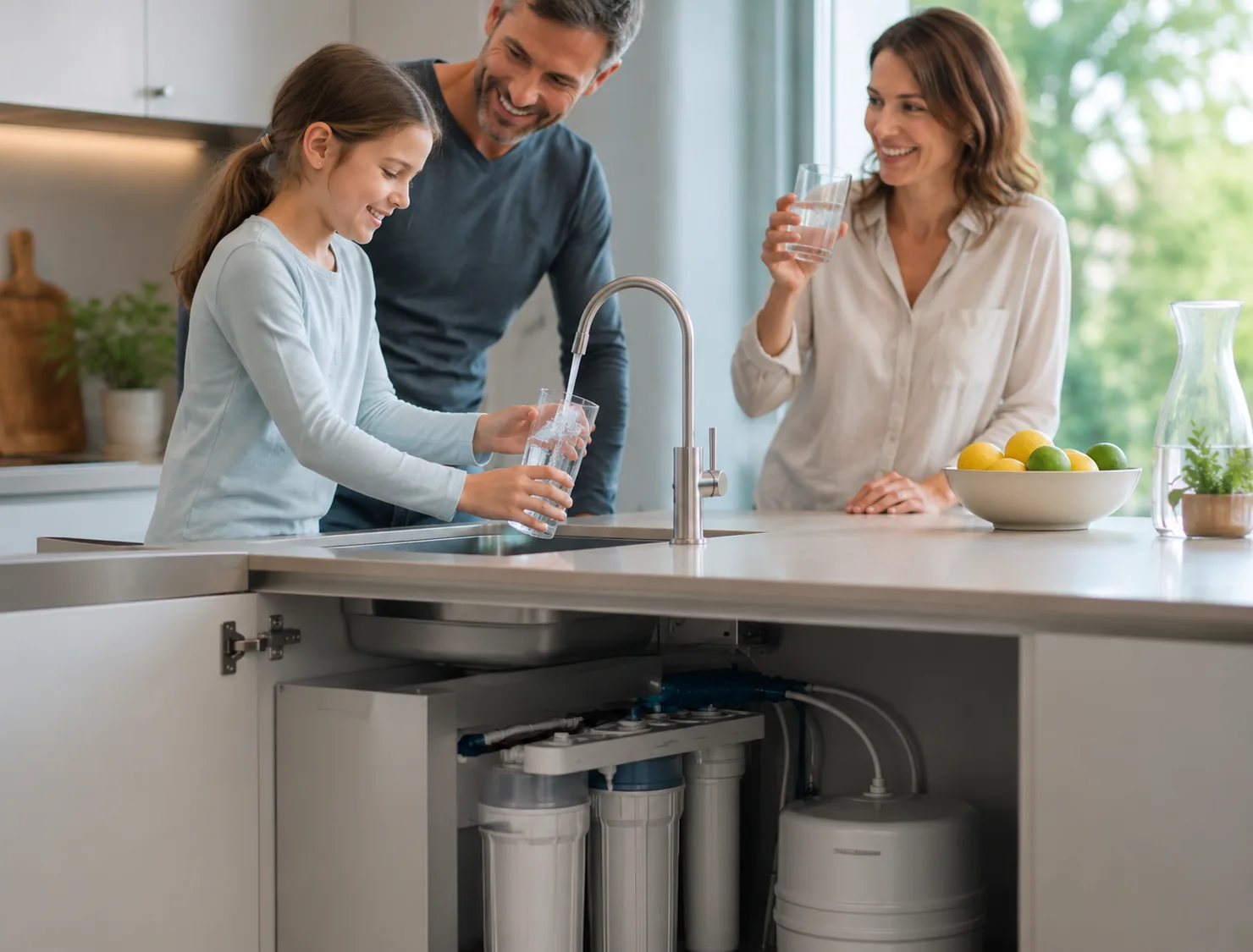 Homeowner reviewing water filter options before finishing a kitchen update in Holly Springs