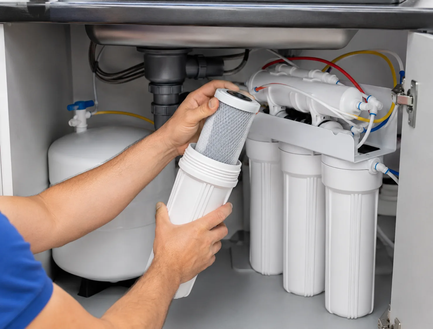 Specialist reviewing water filtration needs for multi-fixture home with careful product knowledge