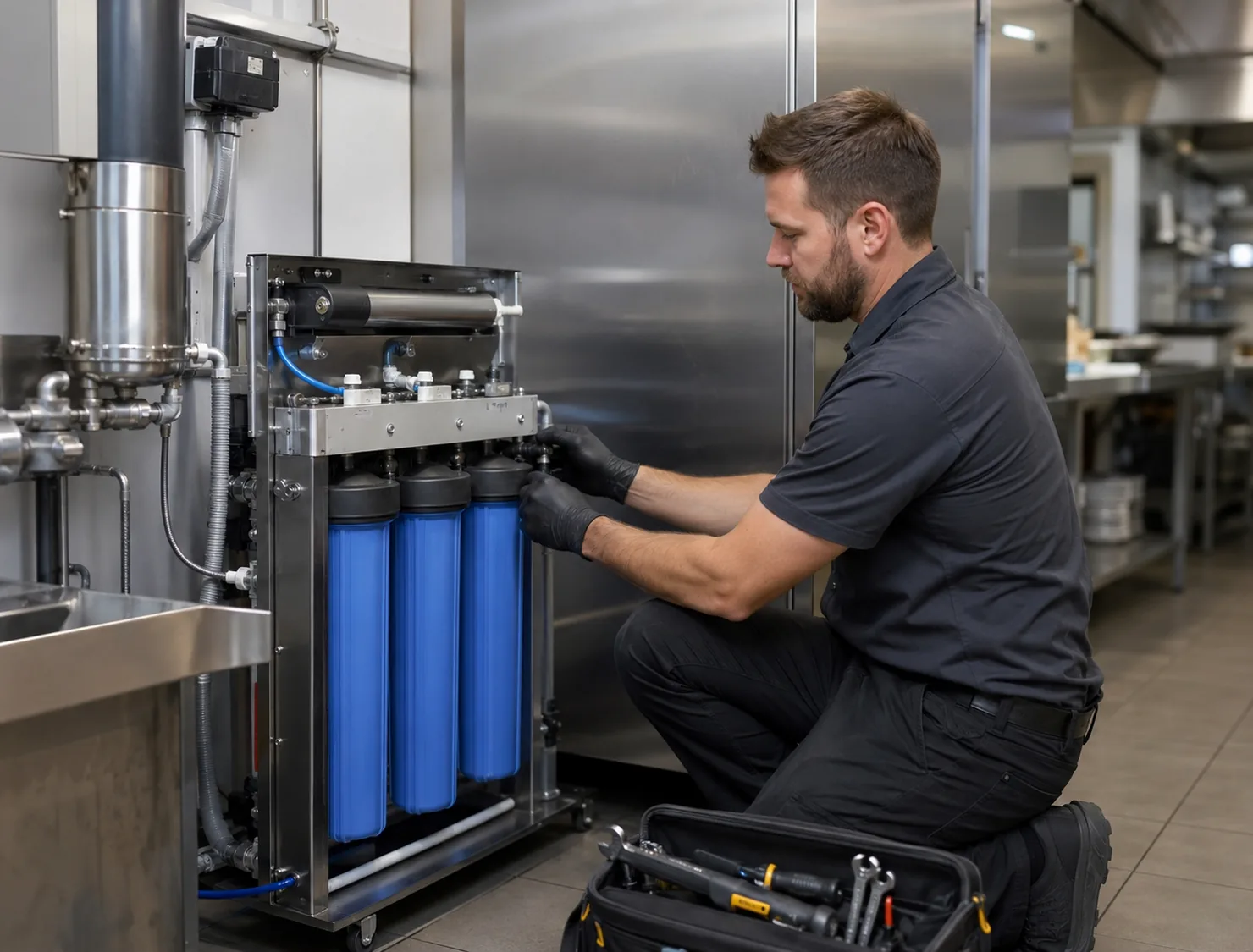 Water filtration specialist evaluating household needs and explaining system differences to homeowner