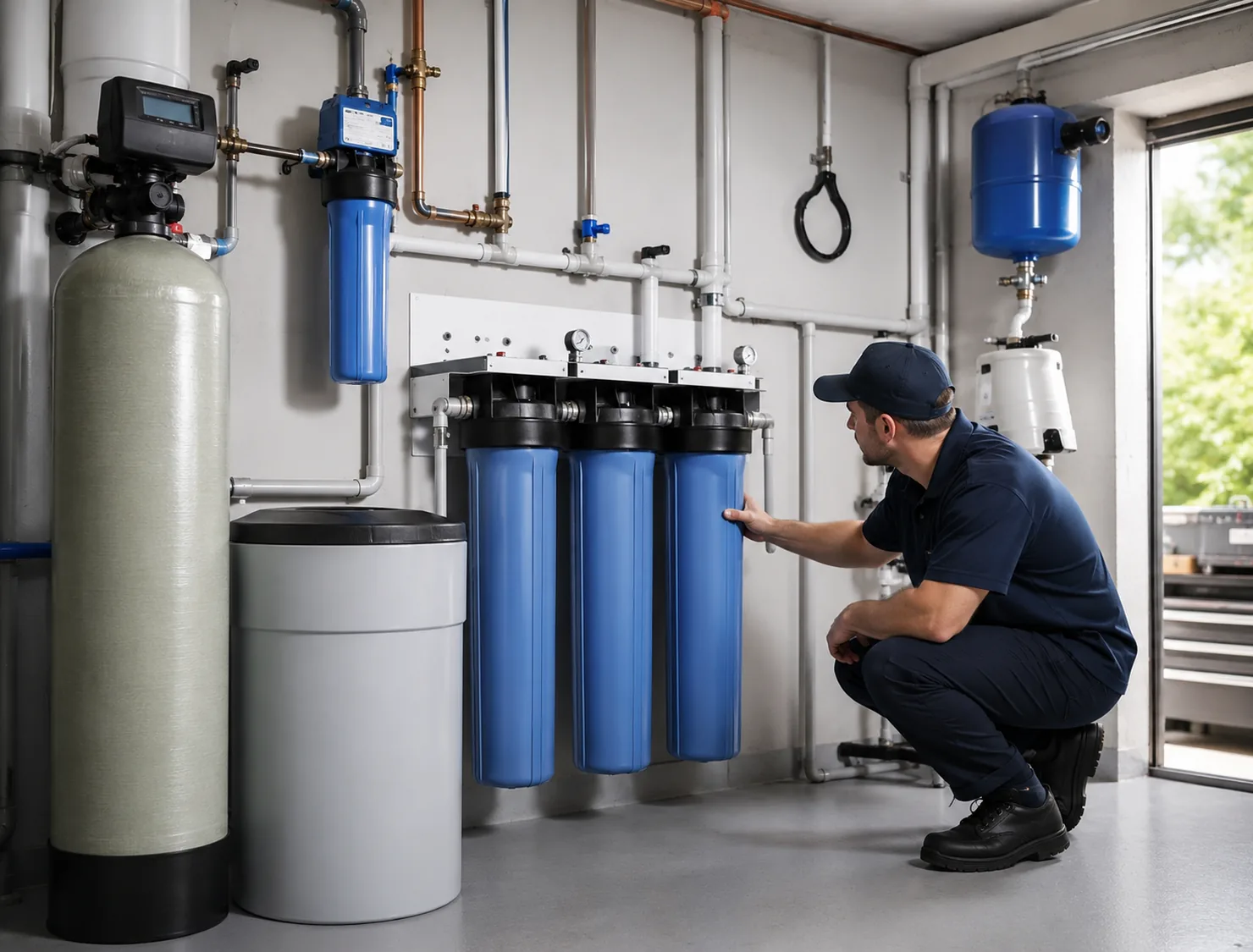 Property owner comparing under-sink and whole-house water filter options for a busy household