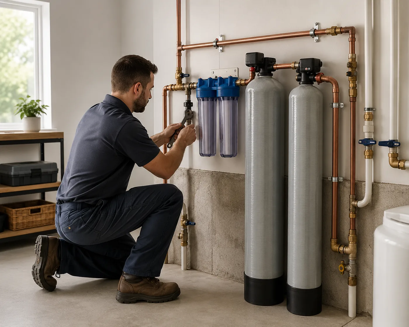 Whole House Water Filtration in Cary - NC being connected near a residential main shutoff valve
