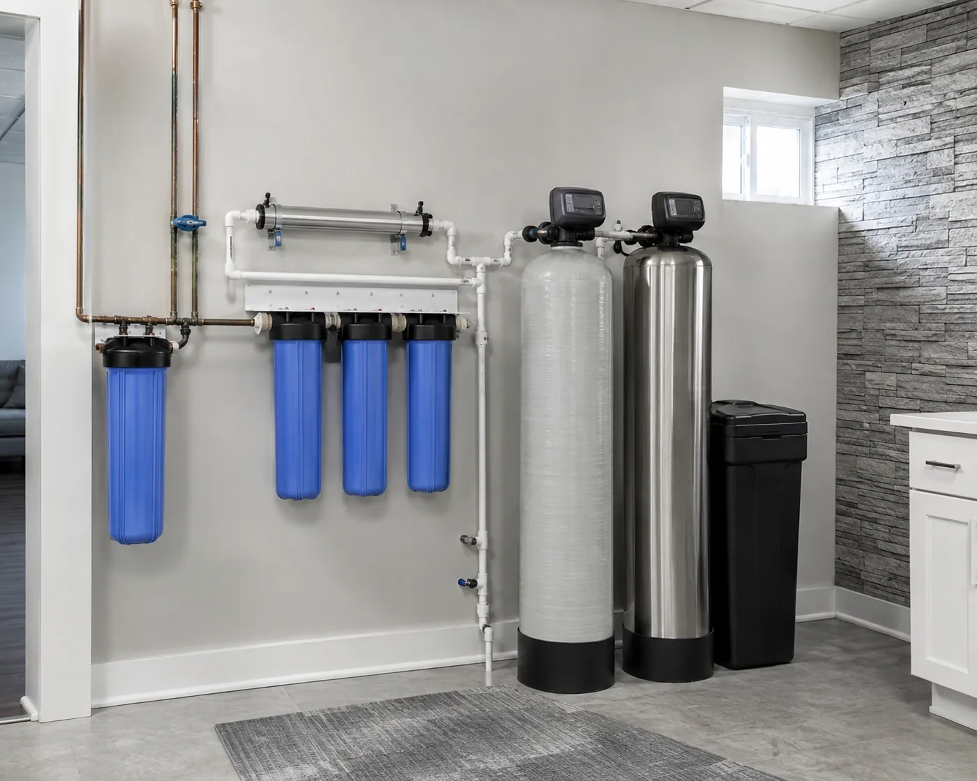 Technician adjusting Whole House Water Filtration equipment inside a Cary - NC garage utility area