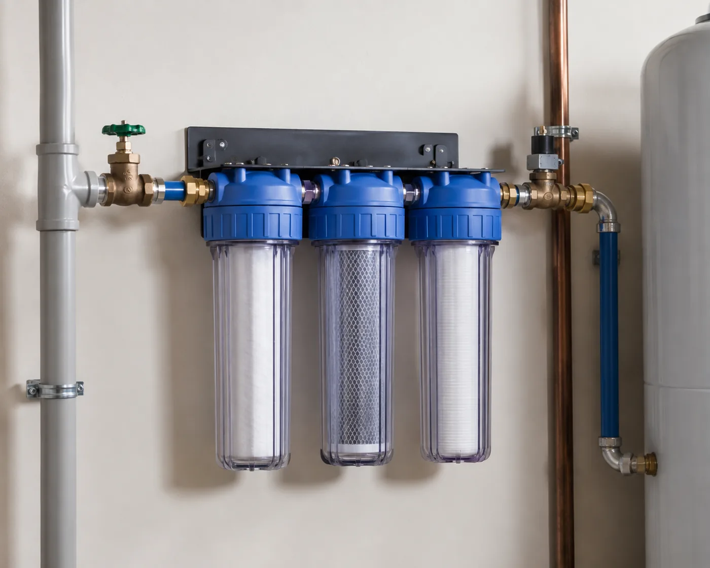 Technician adjusting a Whole Home Water Filtration System inside an Apex - NC utility room