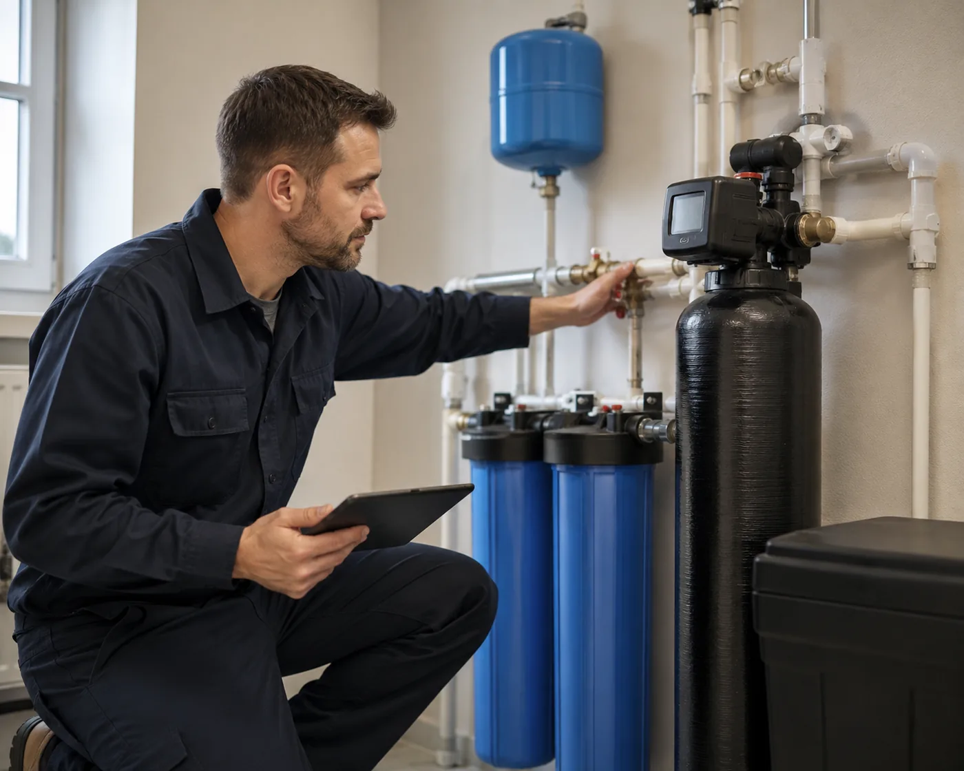 Whole Home Water Filtration System in Holly Springs - NC being connected near a garage water shutoff