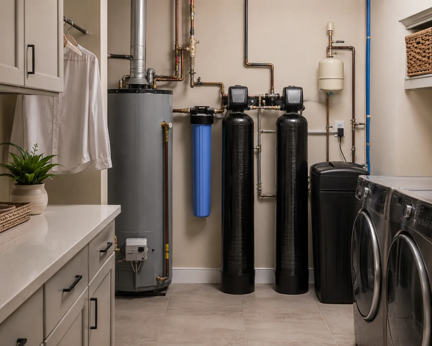 Installer servicing a Whole Home Water Filtration System beside plumbing lines in Holly Springs - NC