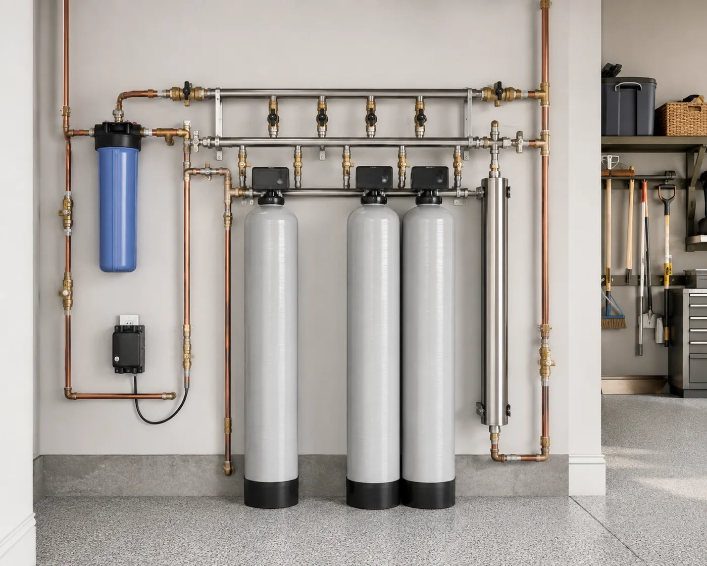 Technician adjusting a Whole Home Water Filtration System near a utility wall in Fuquay-Varina - NC