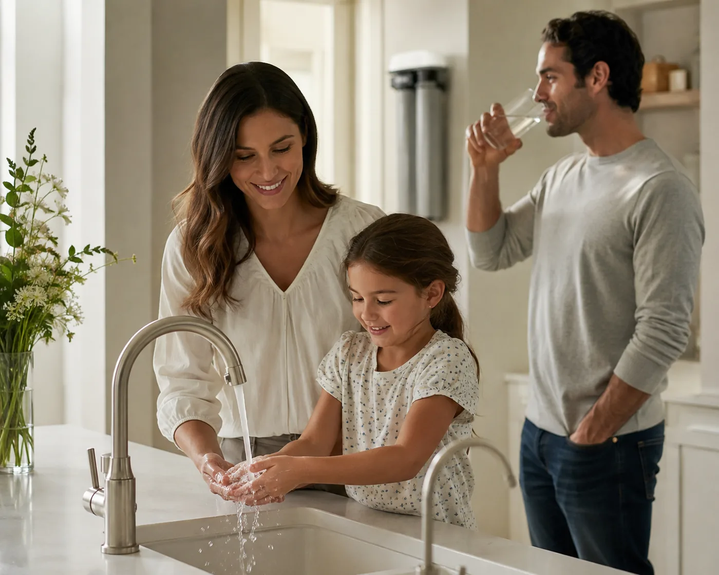 Technician explaining Whole House Water Filtration options beside a Raleigh - NC home's water entry point, Whole Home Water Filtration System in Durham - NC being connected to a home's main water supply