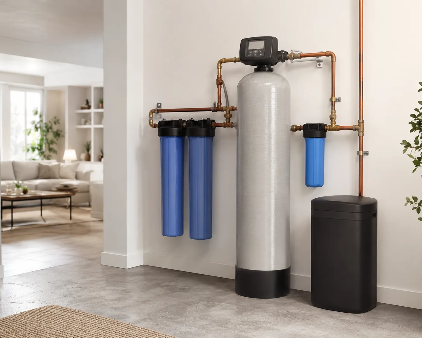 Whole House Water Filtration in Raleigh - NC being installed beside a home's main water line, Plumber servicing a Whole Home Water Filtration System inside a utility area in Durham - NC