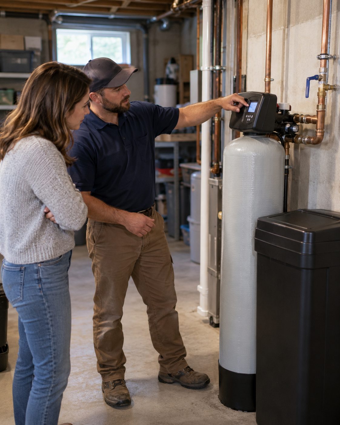 Technician explaining a new water softener installation in Raleigh - NC to a homeowner beside the brine tank