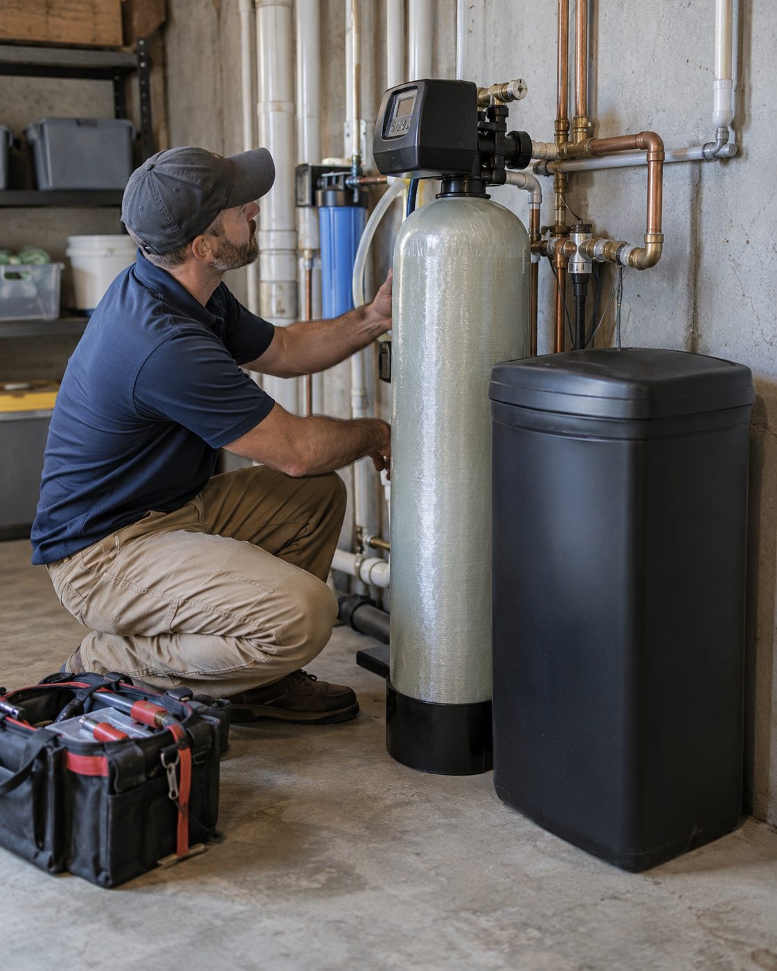 Technician kneeling to connect plumbing on a water softener in Raleigh - NC next to the mineral tank