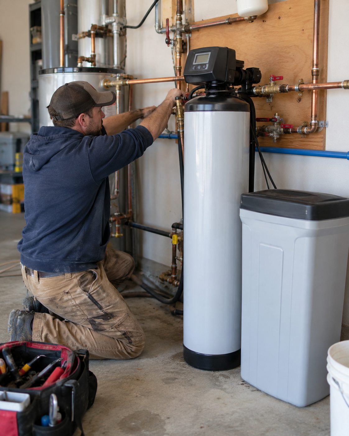 Installer fitting bypass valve piping during water softener service in Cary - NC beside a gray brine tank