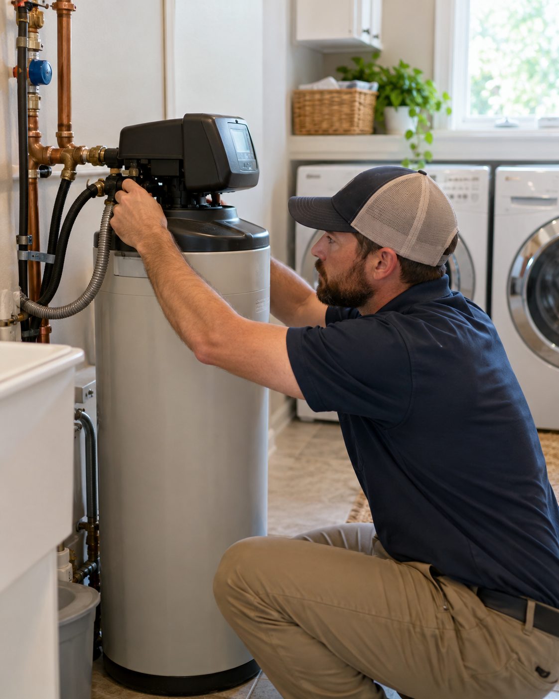Technician adjusting the control head of a water softener in Cary - NC in a home laundry area