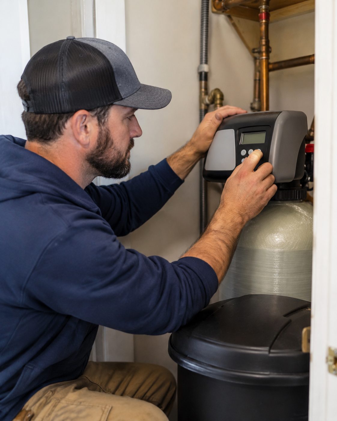 Technician programming the digital control valve on a water softener in Apex - NC