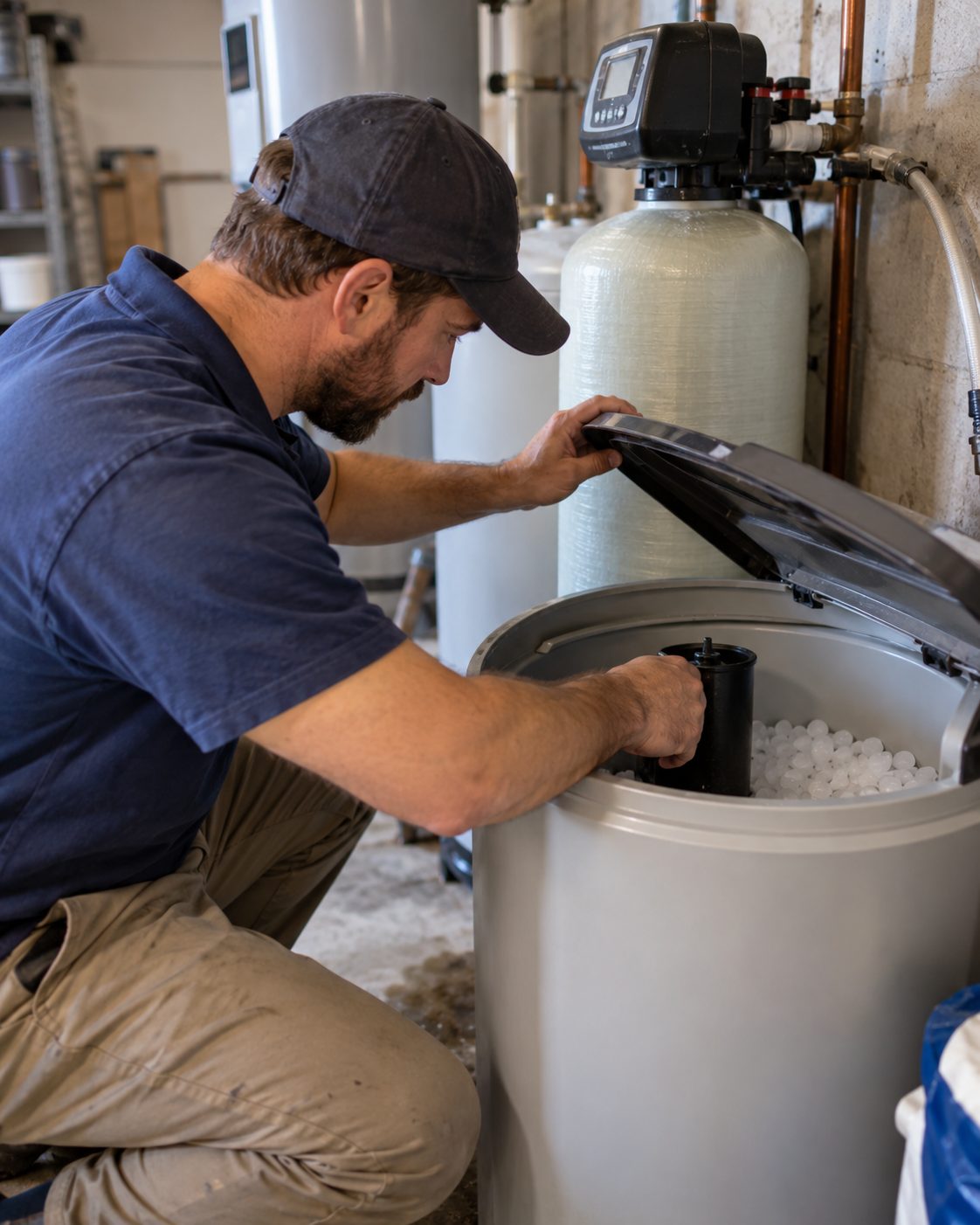 Technician adding salt pellets to the brine tank of a water softener in Apex - NC
