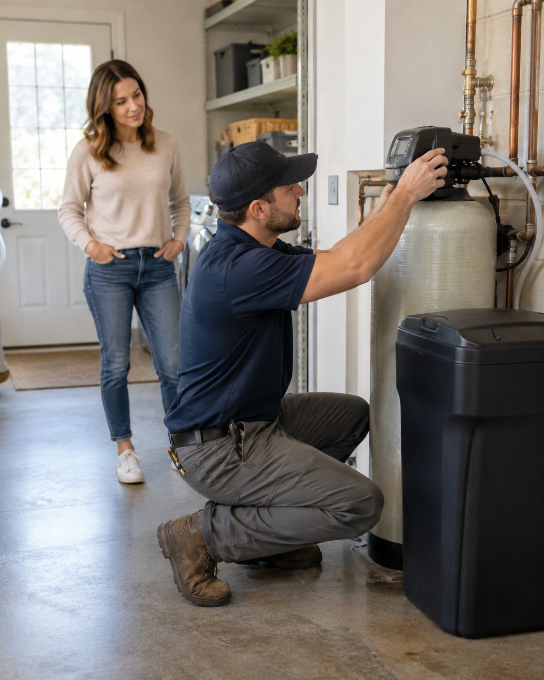Technician checking water softener connections in Holly Springs - NC while the homeowner looks on