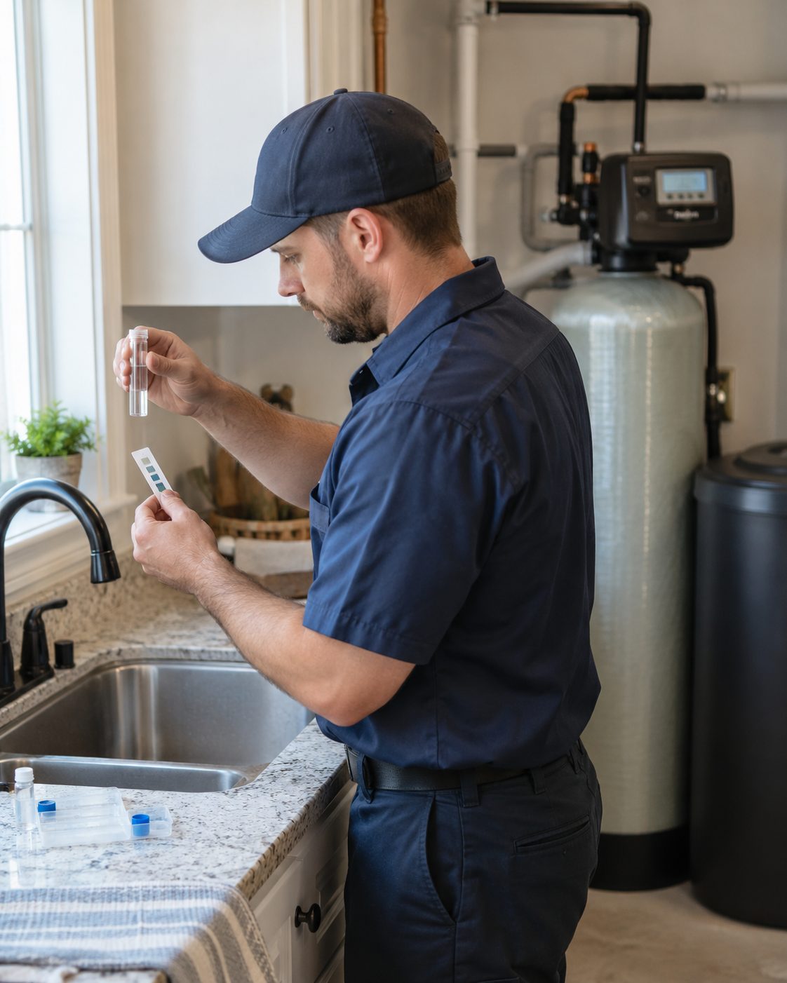 Technician testing softened water hardness at the kitchen sink after water softener service in Fuquay-Varina - NC