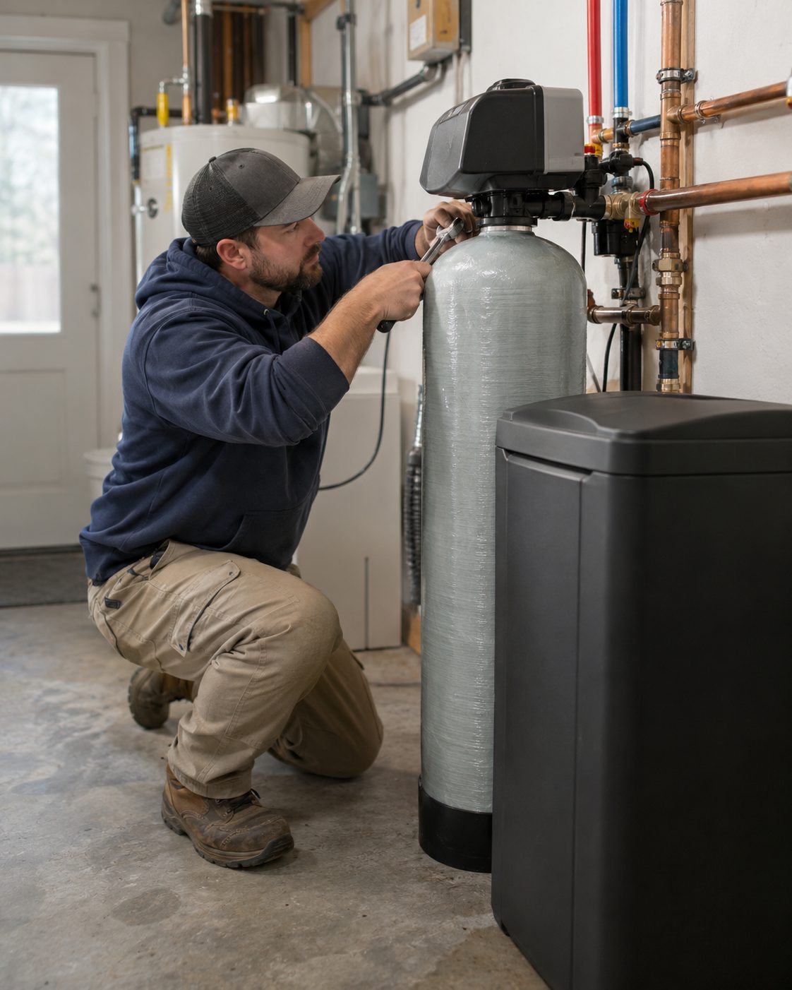 Technician securing the control valve plumbing on a water softener in Fuquay-Varina - NC